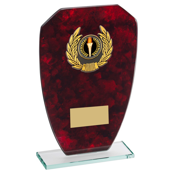 JADE GLASS WITH RED MARBLE BACKING AND GOLD TRIM TROPHY (1in CENTRE) - 6.5in 165MM