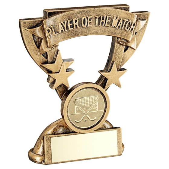 BRZ/GOLD PLAYER OF THE MATCH MINI CUP WITH HOCKEY INSERT AND PLATE - 3.75in 95MM