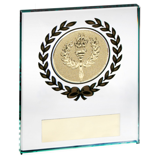 JADE GLASS BLOCK WITH GOLD WREATH 12MM THICK WITH PLATE (2in CENTRE) - 4 x 5in 102 X 127MM