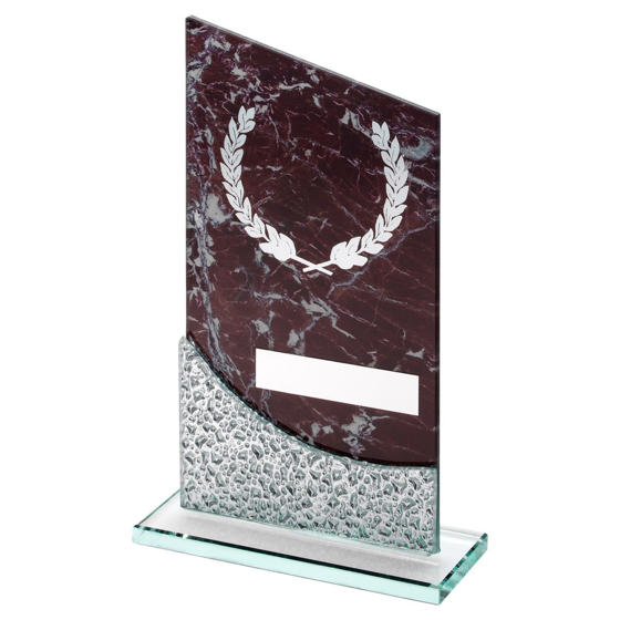 BROWN MARBLE PRINTED GLASS PLAQUE WITH SILV DETAIL WITH PLATE (2in CEN) - 8.25in 210MM