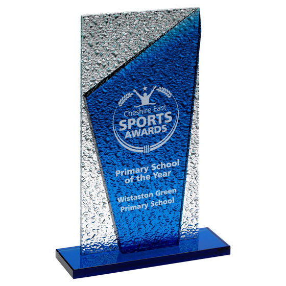 BLUE GLASS PLAQUE AND BASE WITH CLEAR FROSTED BACKDROP - 9in 229MM