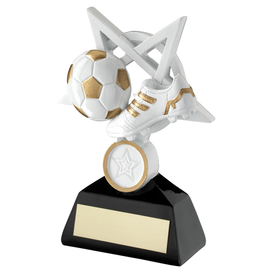 Picture of WHITE/GOLD/BLACK FOOTBALL AND BOOT ON 5 POINT STAR WITH PLATE (1in CENTRE) - 6in 152MM