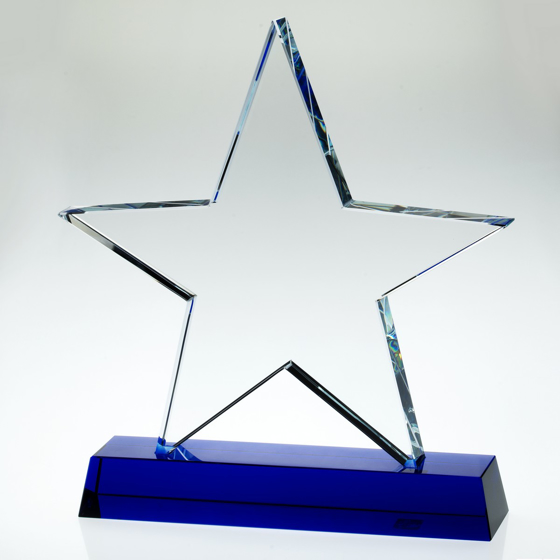 Picture of CLEAR GLASS STAR PLAQUE ON BLUE BASE (19MM THICK) - 7.25in