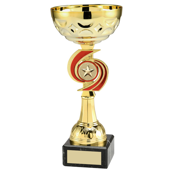 Picture of GOLD/RED SWIRL TROPHY CUP WITH PLATE (1in CENTRE) - 8.75in