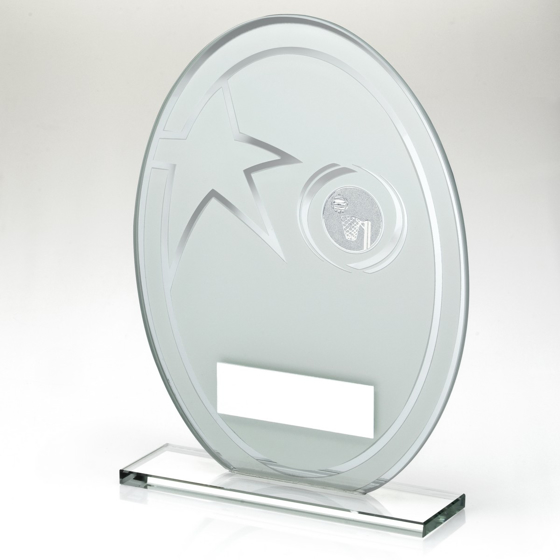 Picture of WHITE/SILVER PRINTED GLASS OVAL WITH NETBALL INSERT AND PLATE - 6.5in