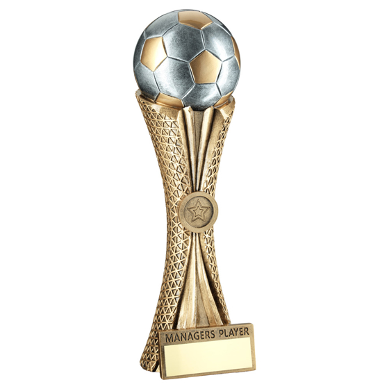 Picture of BZ/PW/G FOOTBALL ON TRI-MESH COLUMN WITH PLATE (1in CEN) MANAGERS PLAYER - 12in