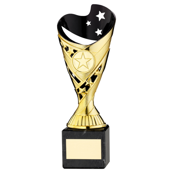 Picture of GOLD/BLK PLASTIC 'SABRE' CUP ON BLK MARBLE ASSEMBLED TROPHY (1" CEN) - 6.75in