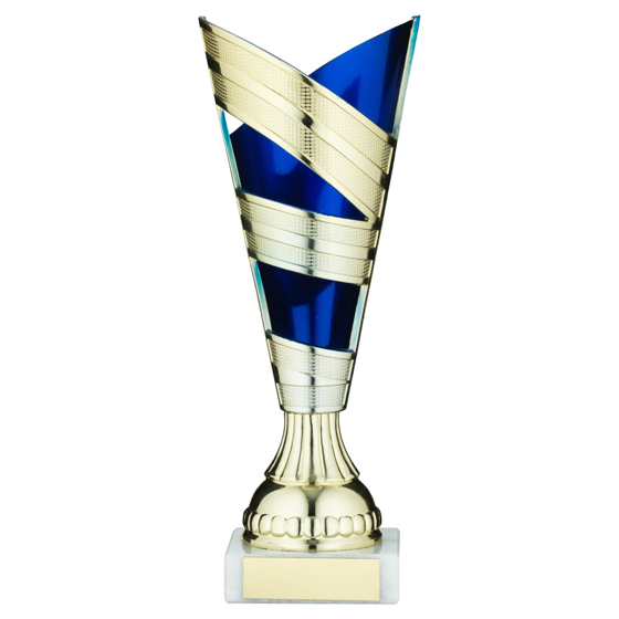 Picture of GOLD/BLUE PLASTIC V STEM TROPHY CUP WITH PLATE - 8.5in