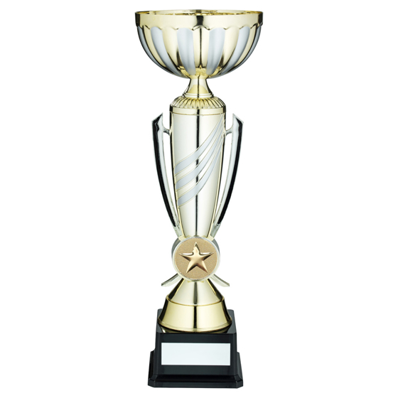 Picture of GOLD/MATT SILVER 3 STRIPE TROPHY CUP WITH PLATE (2in CENTRE) - 14.25in