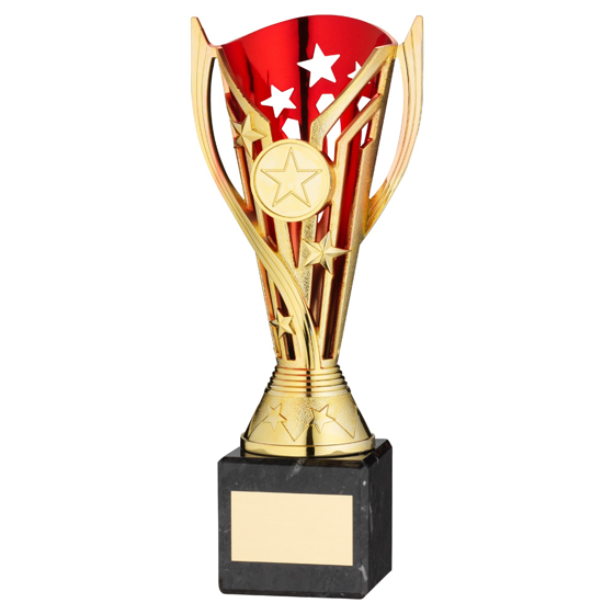 Picture of GOLD/RED PLASTIC 'FLASH' CUP ON BLACK MARBLE ASSEMBLED TROPHY (1" CEN) - 10in