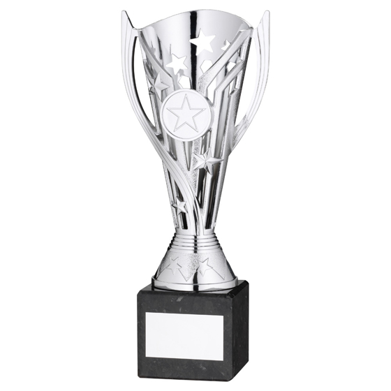Picture of SILVER PLASTIC 'FLASH' CUP ON BLACK MARBLE ASSEMBLED TROPHY (1" CEN) - 10in