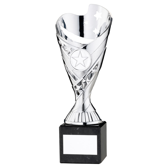 Picture of SILVER PLASTIC 'SABRE' CUP ON BLACK MARBLE ASSEMBLED TROPHY (1" CEN) - 10in