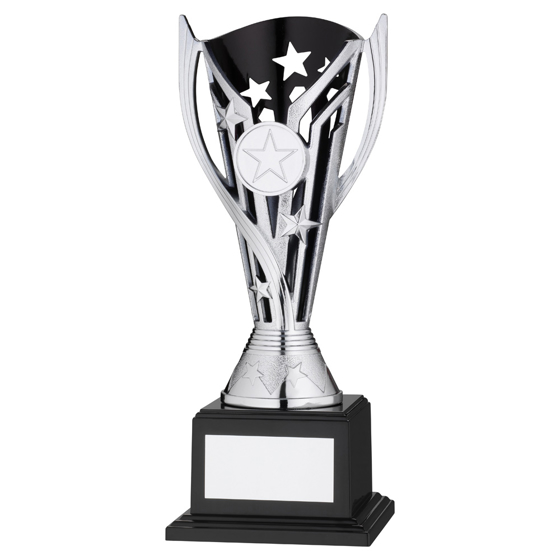 Picture of SILVER/BLACK PLASTIC 'FLASH' CUP ON BASE ASSEMBLED TROPHY (1" CEN) - 7.5in