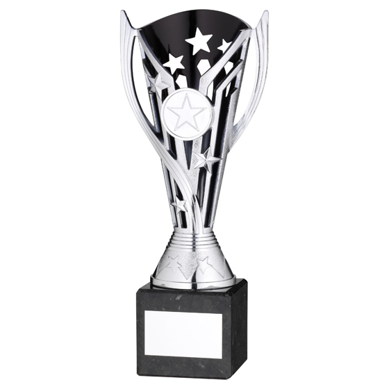Picture of SILVER/BLK PLASTIC 'FLASH' CUP ON BLK MARBLE ASSEMBLED TROPHY (1" CEN) - 10in