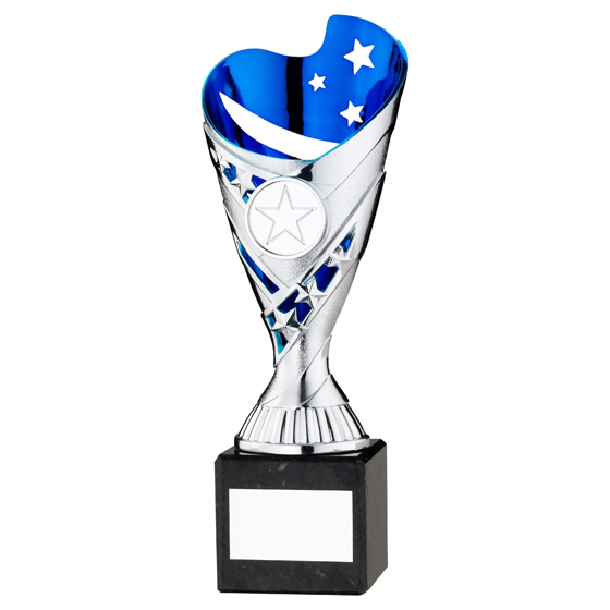 Picture of SILVER/BLUE PLASTIC 'SABRE' CUP ON BLK MARBLE ASSEMBLED TROPHY (1" CEN) - 10in