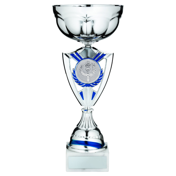Picture of SILVER/BLUE SHIELD TROPHY CUP WITH PLATE (2in CENTRE) - 11.75in