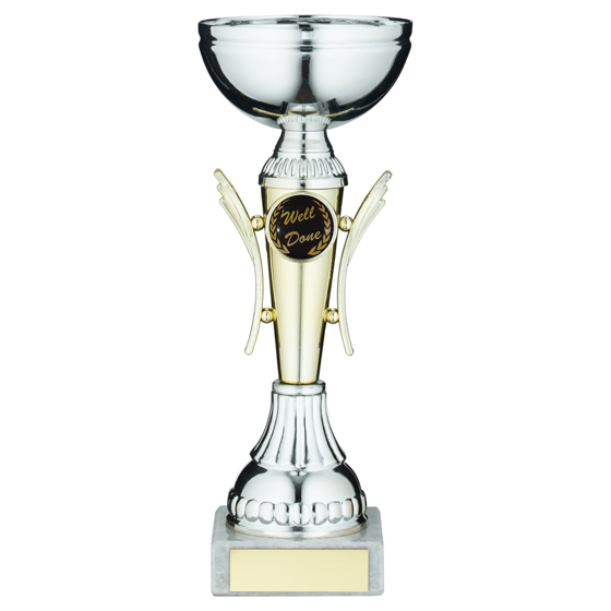 Picture of SILVER/GOLD WINGED TROPHY CUP WITH PLATE (1in CENTRE) - 6.5in