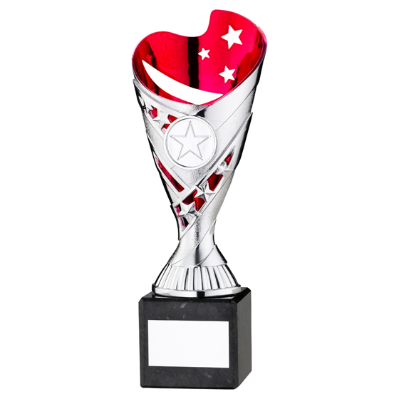 Picture of SILVER/PINK PLASTIC 'SABRE' CUP ON BLK MARBLE ASSEMBLED TROPHY (1" CEN) - 9in