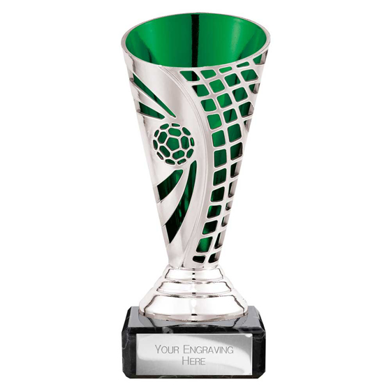 Picture of Defender Football Trophy Cup Silver & Green 140mm