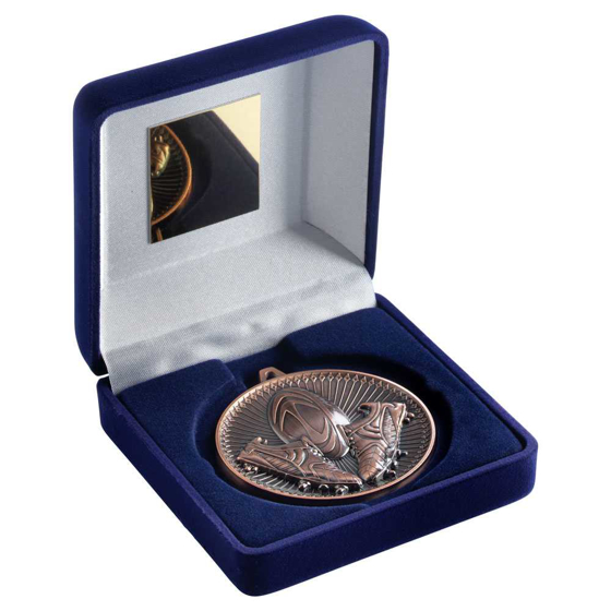 Picture of Blue Velvet Box And 60mm Medal Rugby Trophy Bronze - 4in